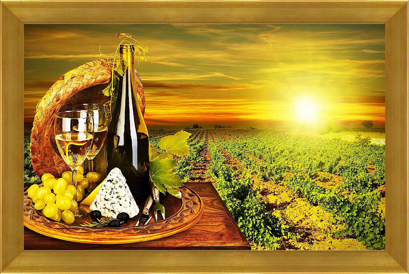 Картина в раме - Виноград, сыр, бутылка и два бокала вина