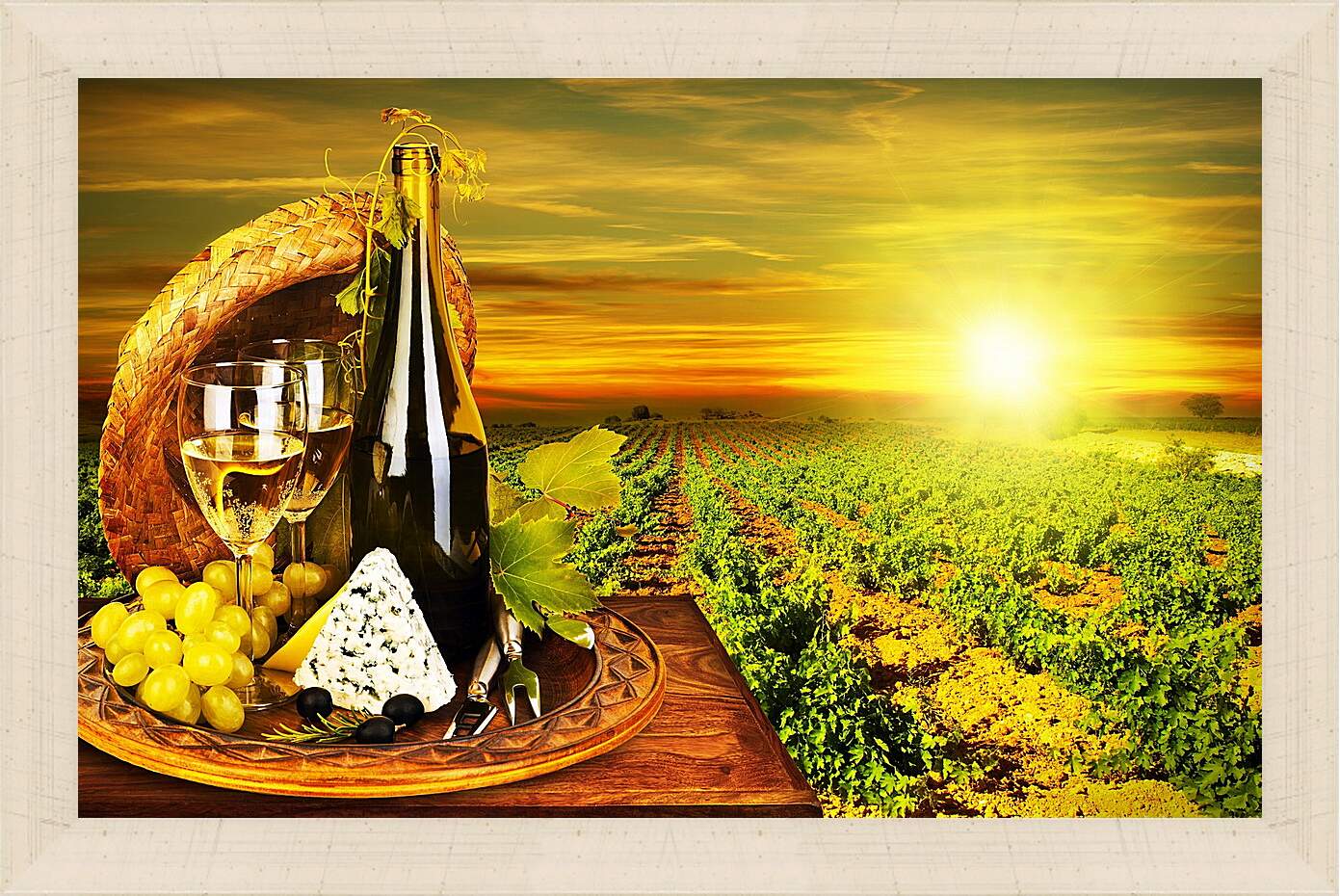 Картина в раме - Виноград, сыр, бутылка и два бокала вина