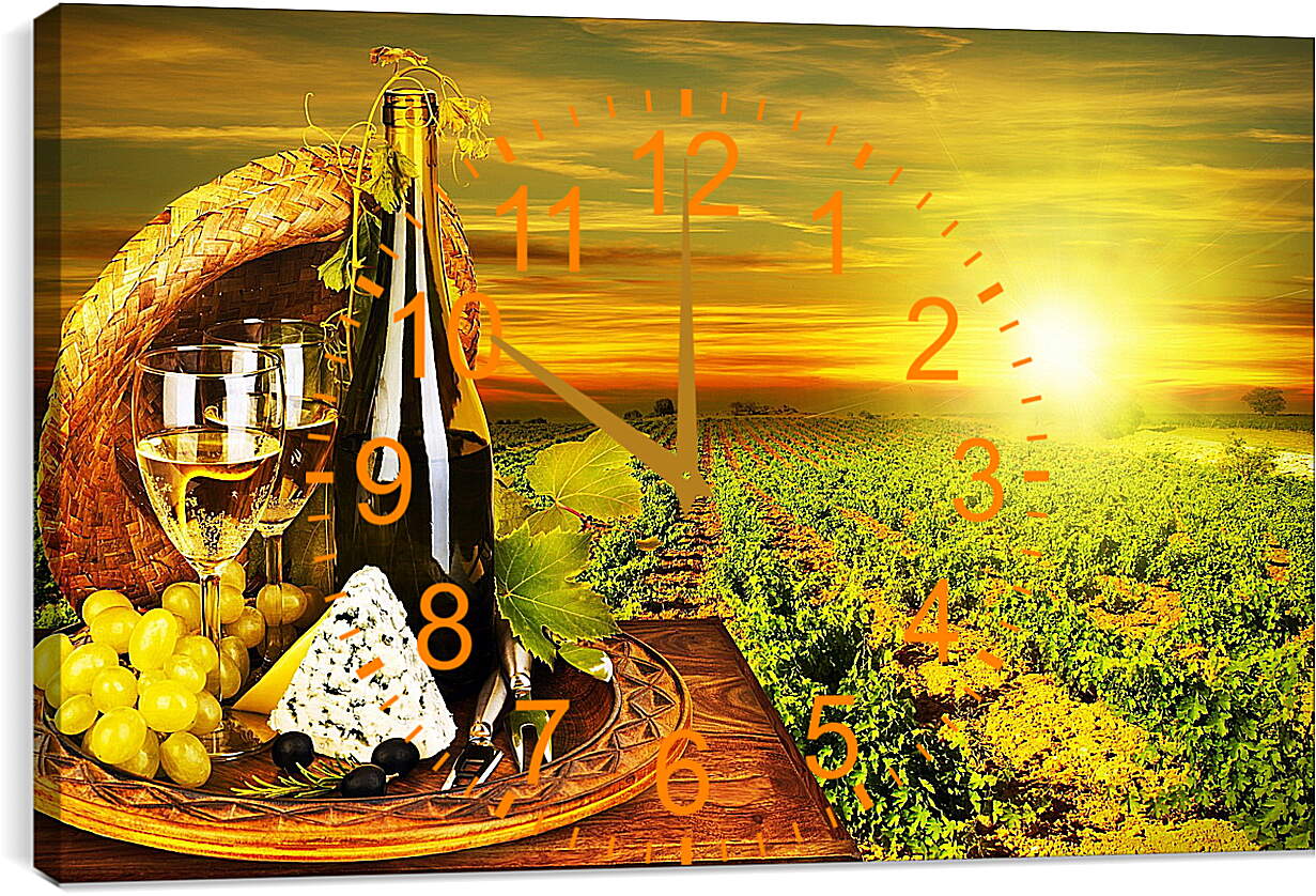 Часы картина - Виноград, сыр, бутылка и два бокала вина