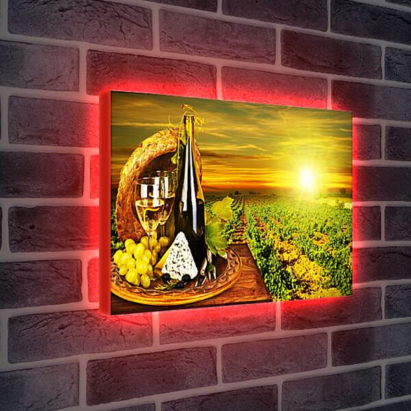 Лайтбокс световая панель - Виноград, сыр, бутылка и два бокала вина