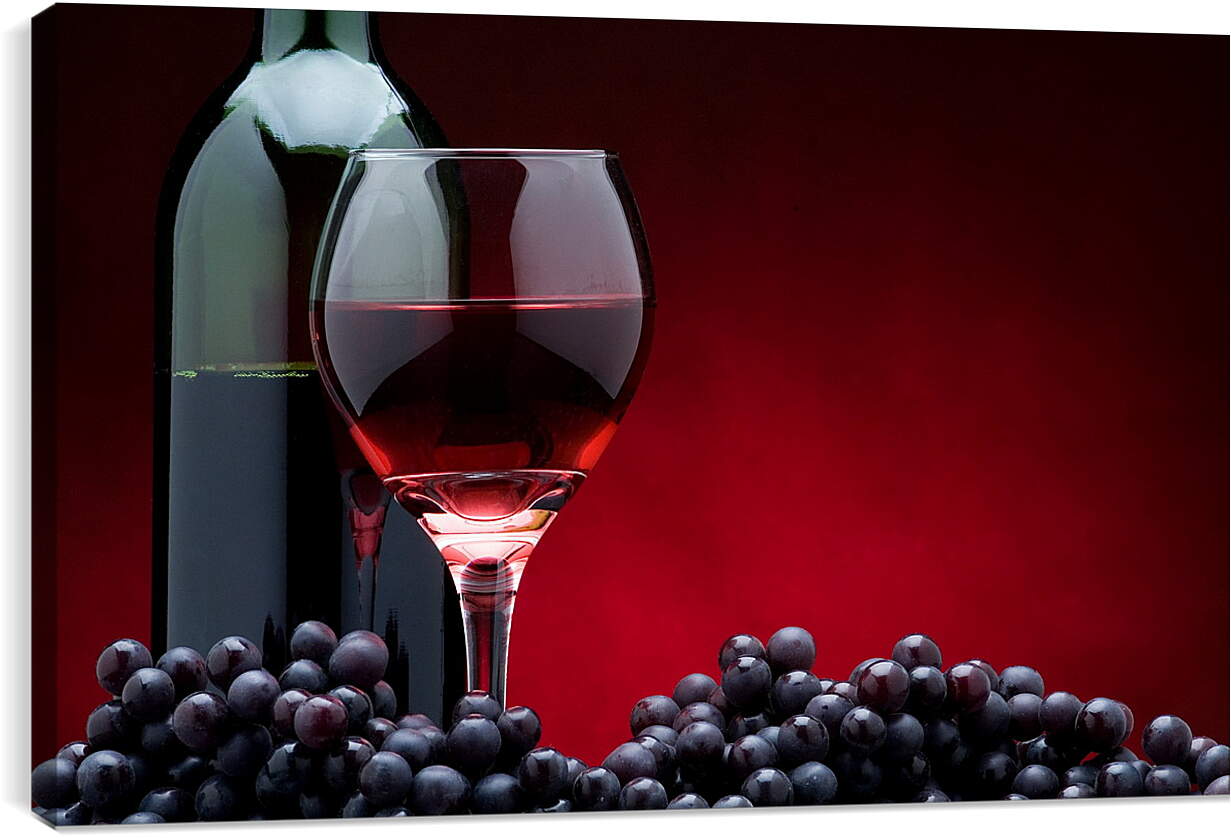 Постер и плакат - Бутылка вина, виноград и бокал вина