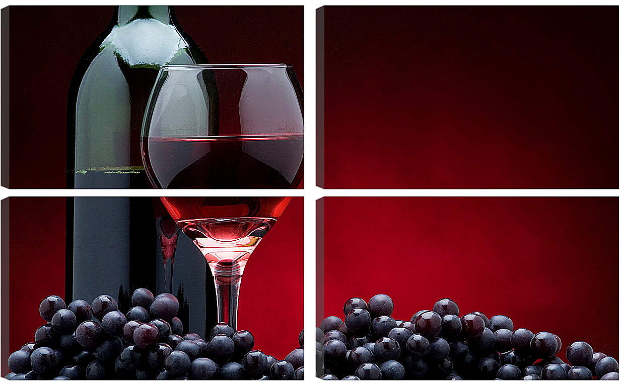Модульная картина - Бутылка вина, виноград и бокал вина