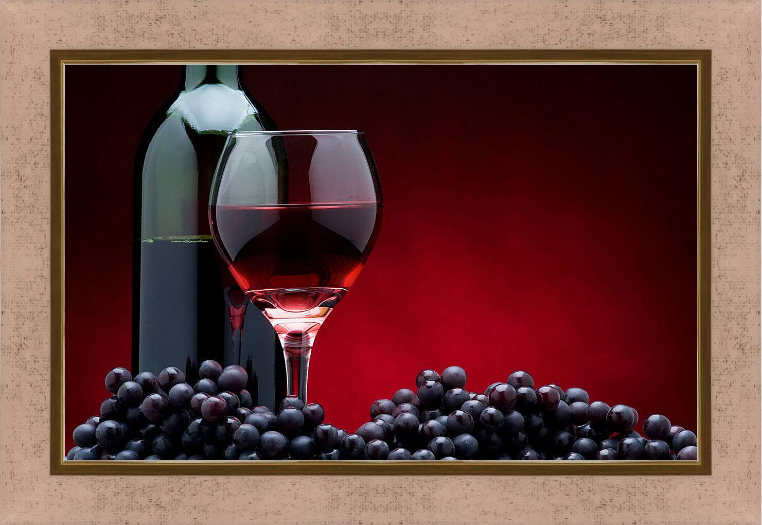 Картина в раме - Бутылка вина, виноград и бокал вина