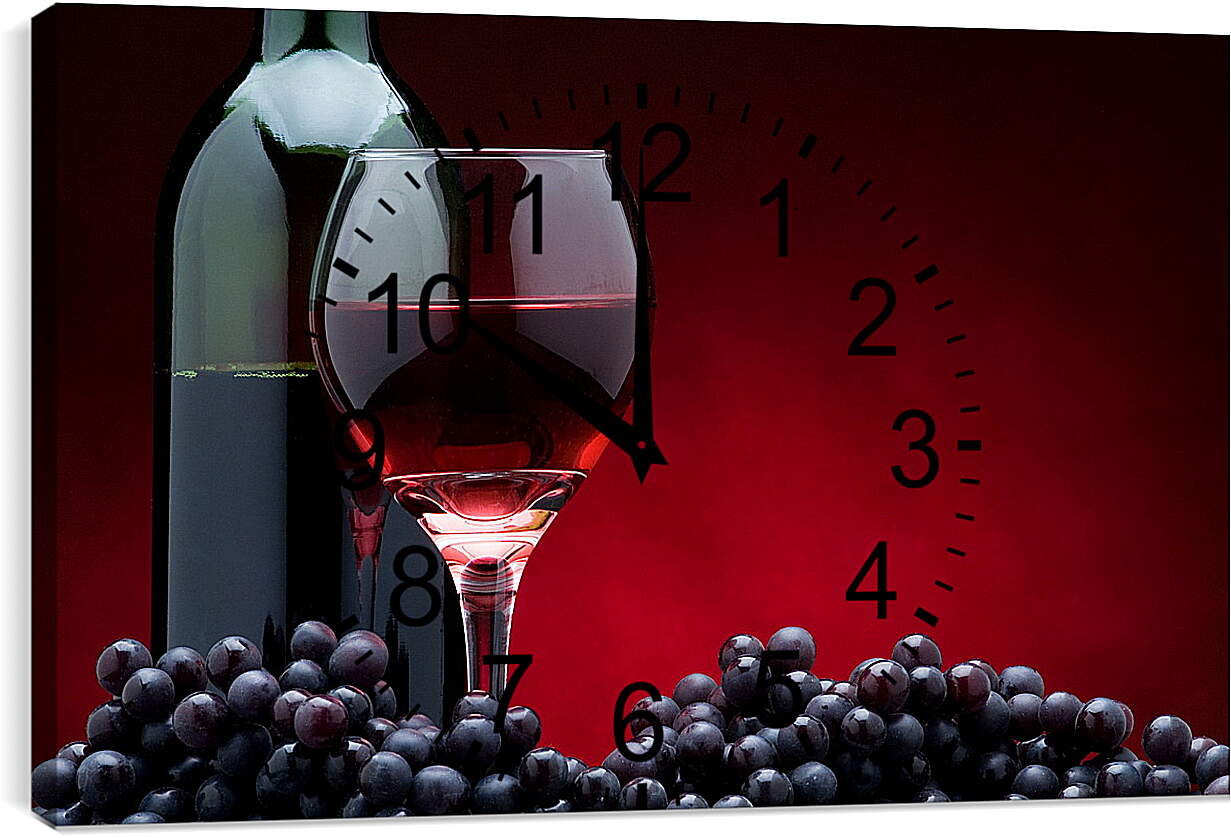 Часы картина - Бутылка вина, виноград и бокал вина