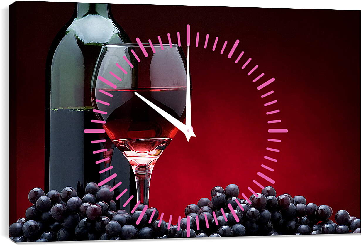 Часы картина - Бутылка вина, виноград и бокал вина