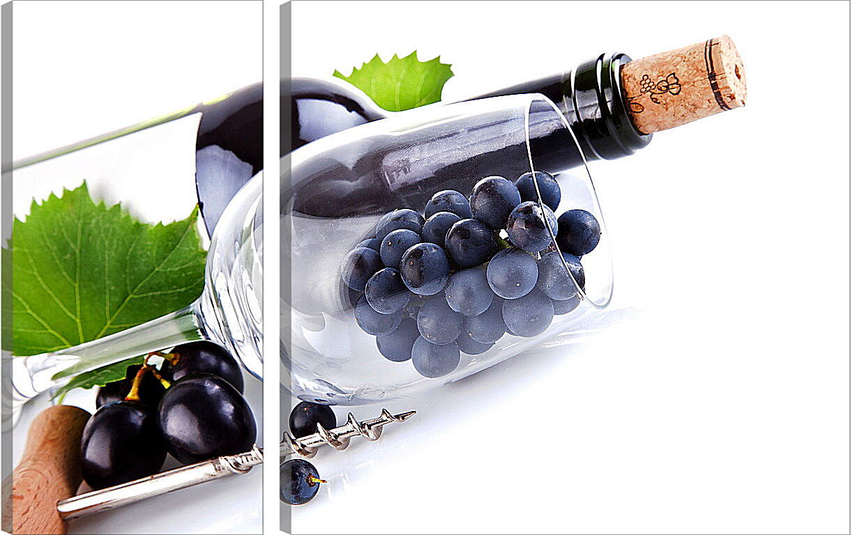 Модульная картина - Бутылка вина и виноград в бокале