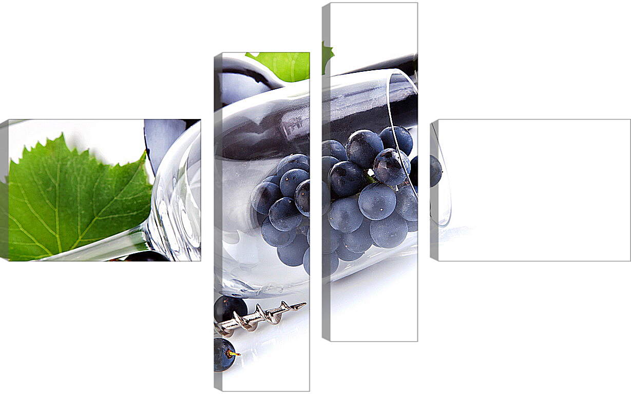 Модульная картина - Бутылка вина и виноград в бокале