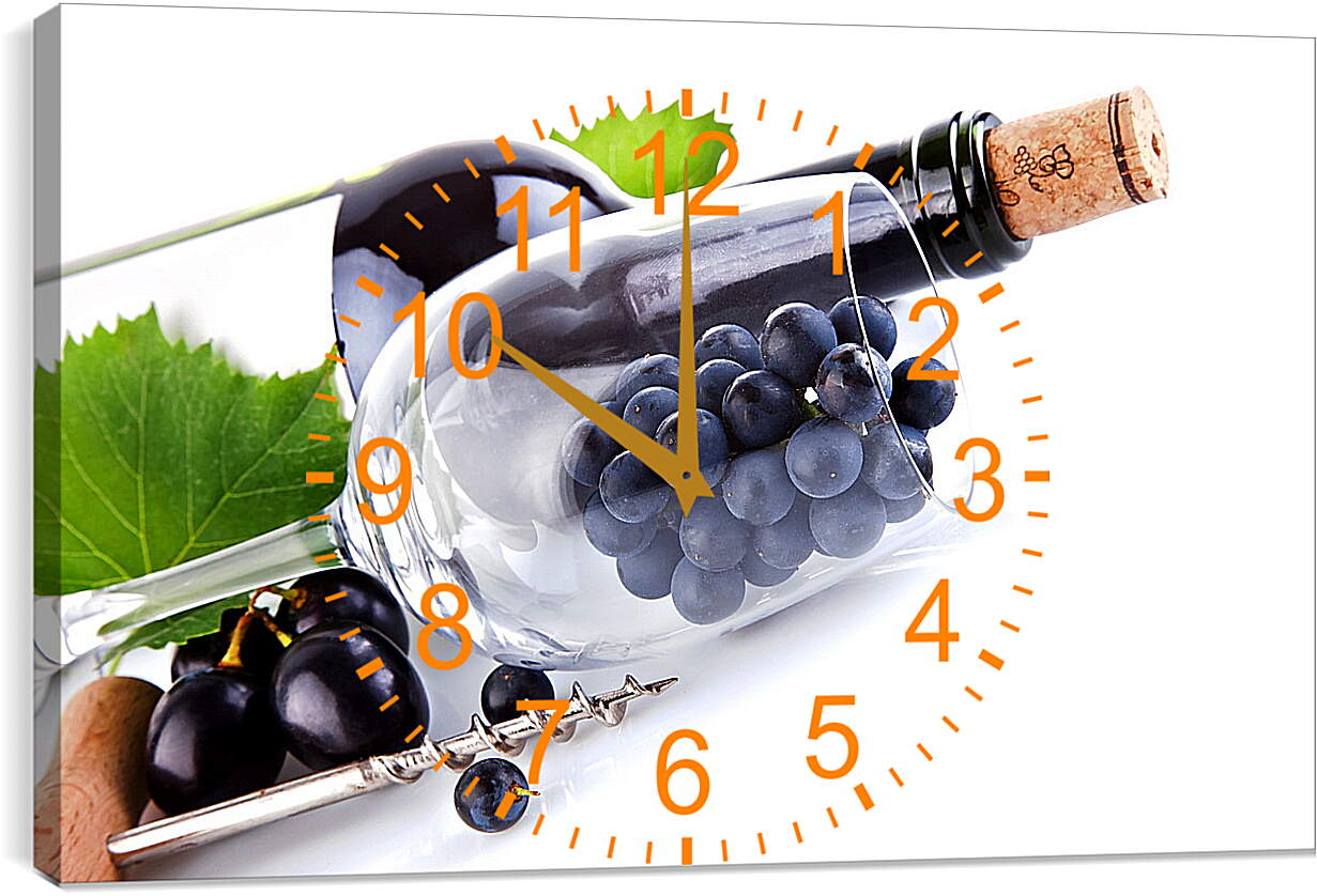 Часы картина - Бутылка вина и виноград в бокале