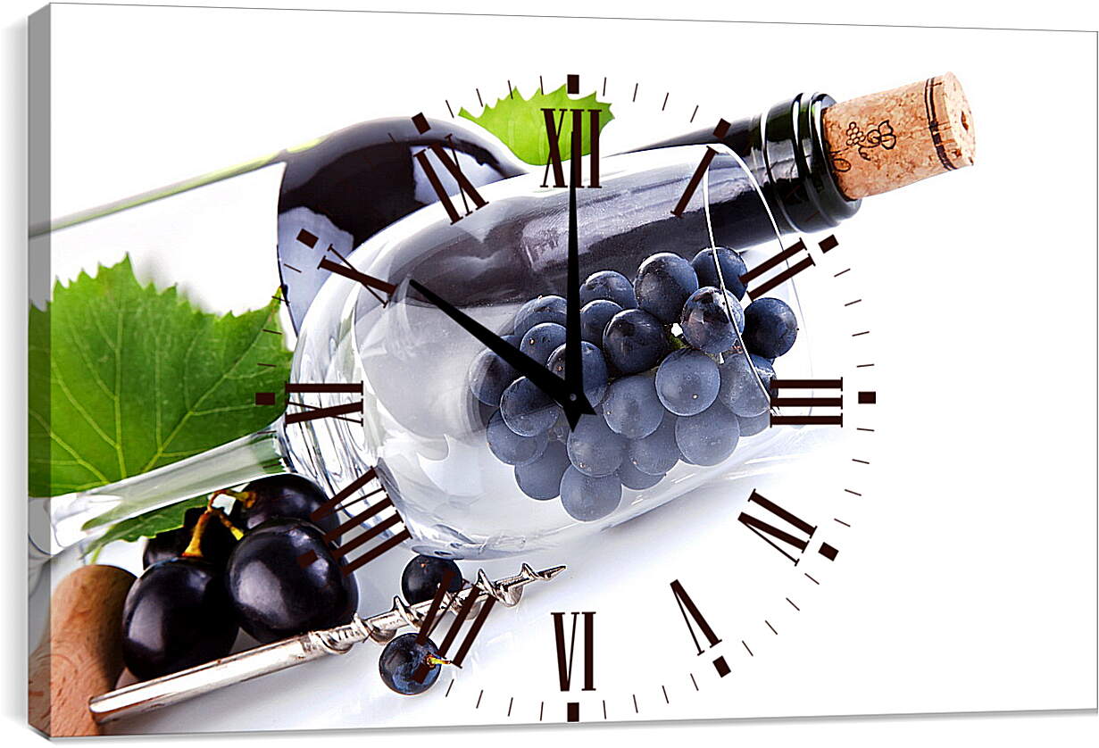 Часы картина - Бутылка вина и виноград в бокале