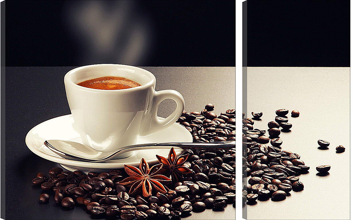 Модульная картина - Чашка кофе на блюдце и зёрна