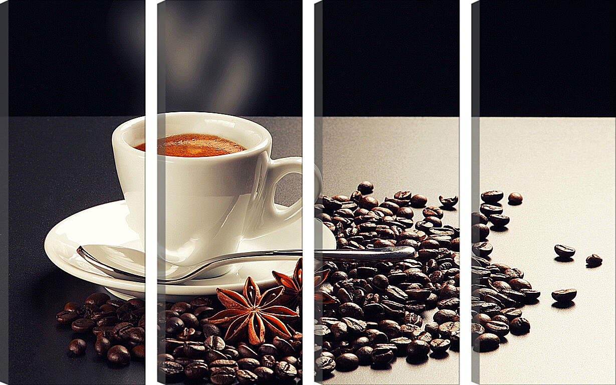 Модульная картина - Чашка кофе на блюдце и зёрна