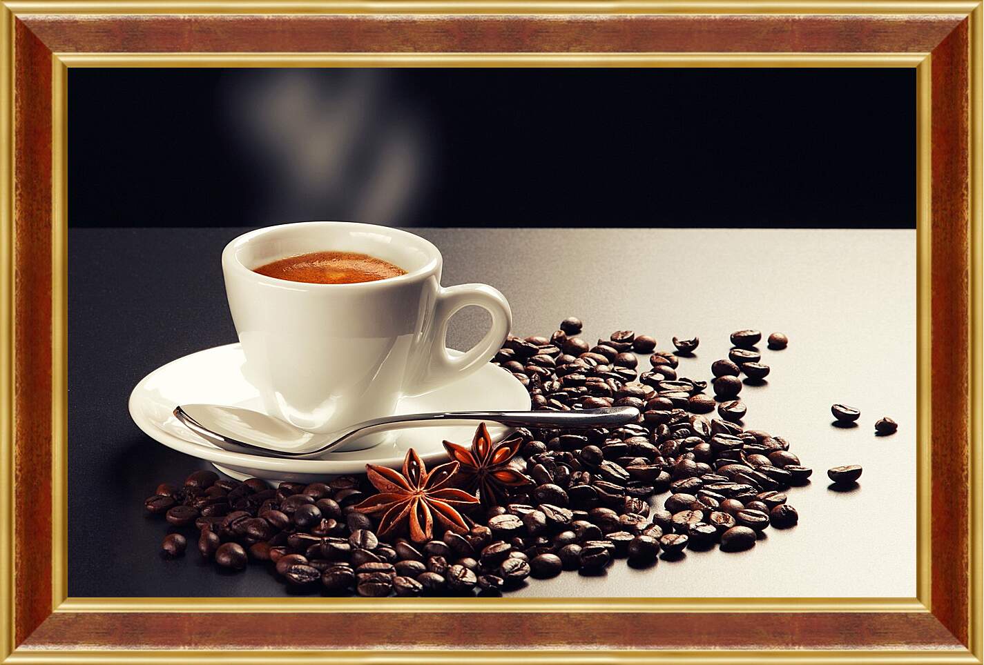 Картина в раме - Чашка кофе на блюдце и зёрна