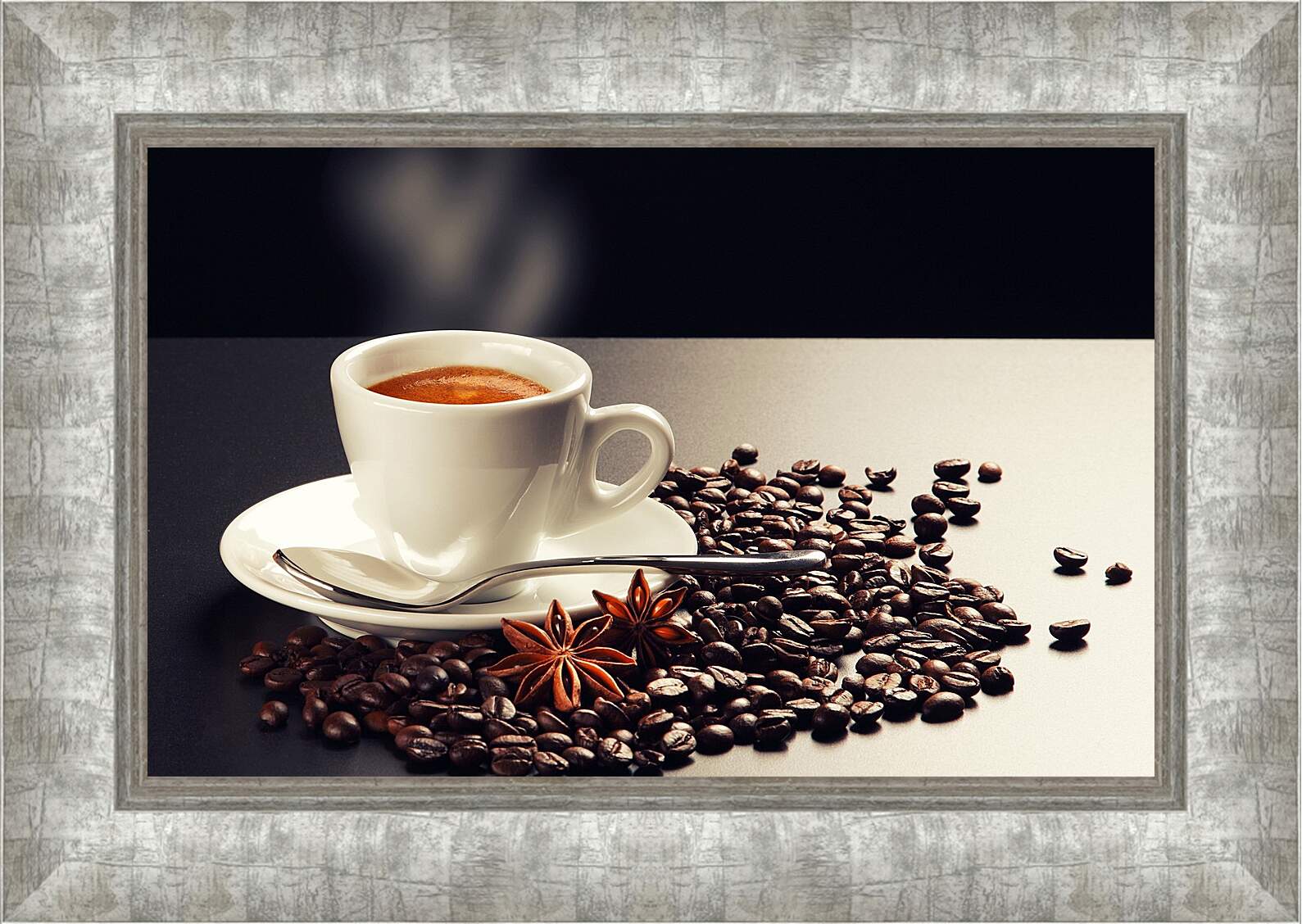 Картина в раме - Чашка кофе на блюдце и зёрна