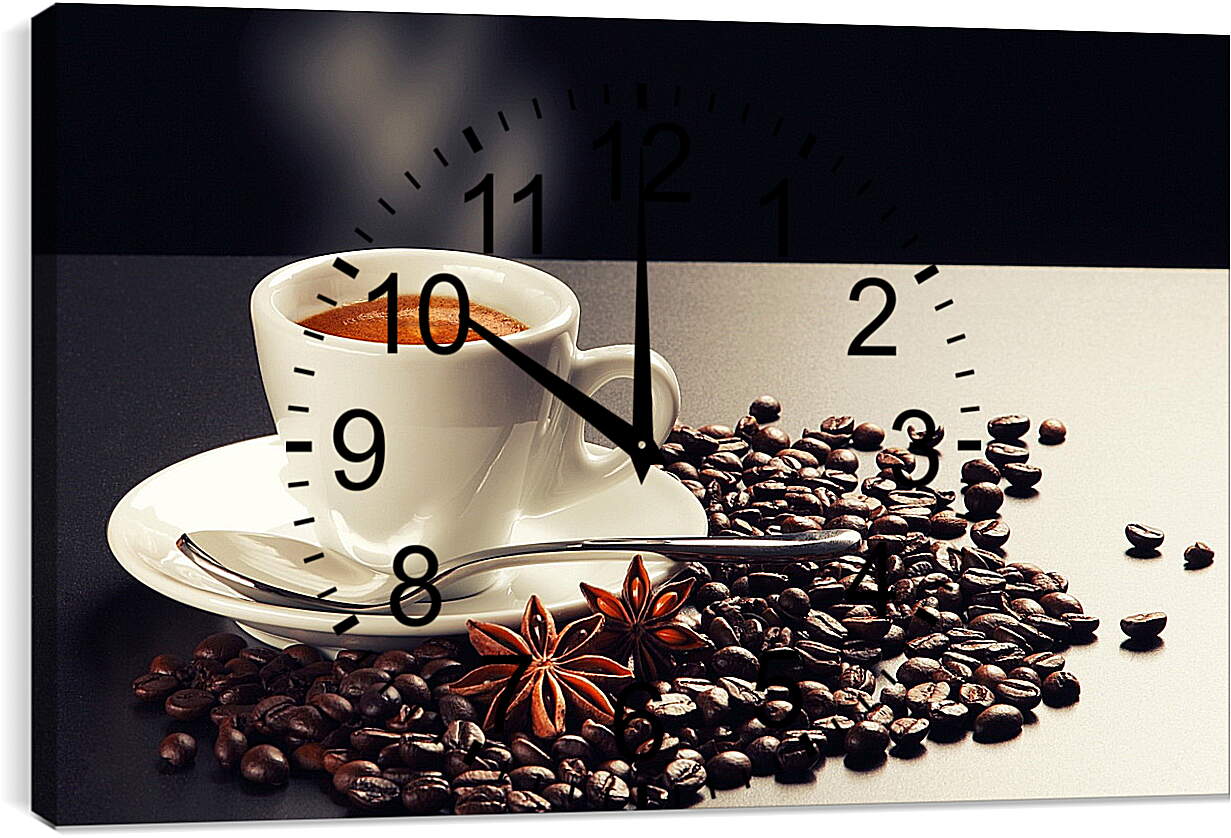 Часы картина - Чашка кофе на блюдце и зёрна