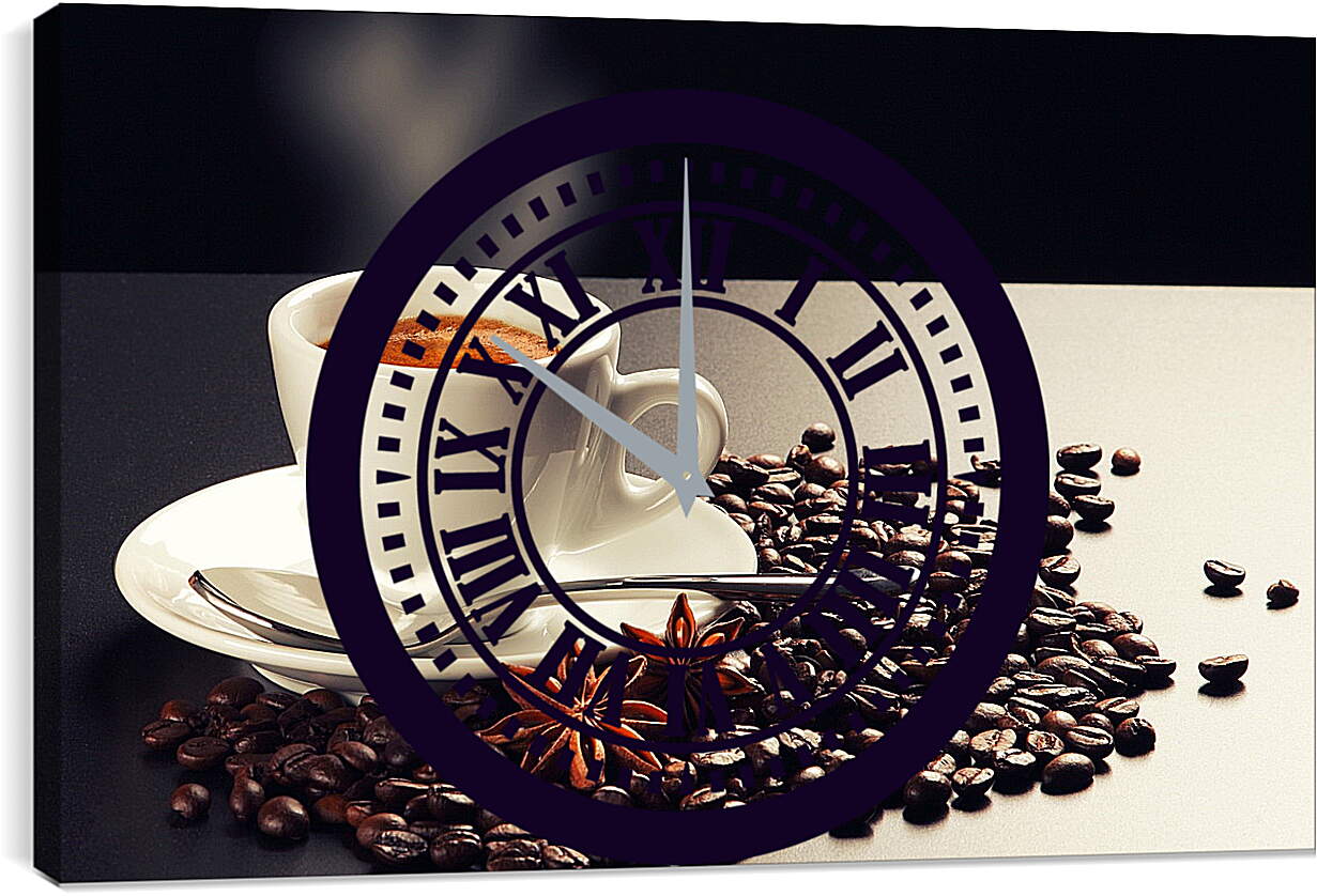 Часы картина - Чашка кофе на блюдце и зёрна