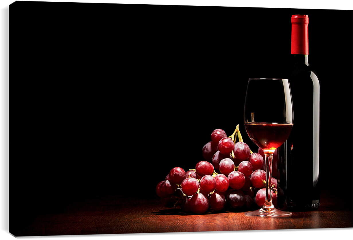 Постер и плакат - Гроздь винограда, бутылка и бокал красного вина