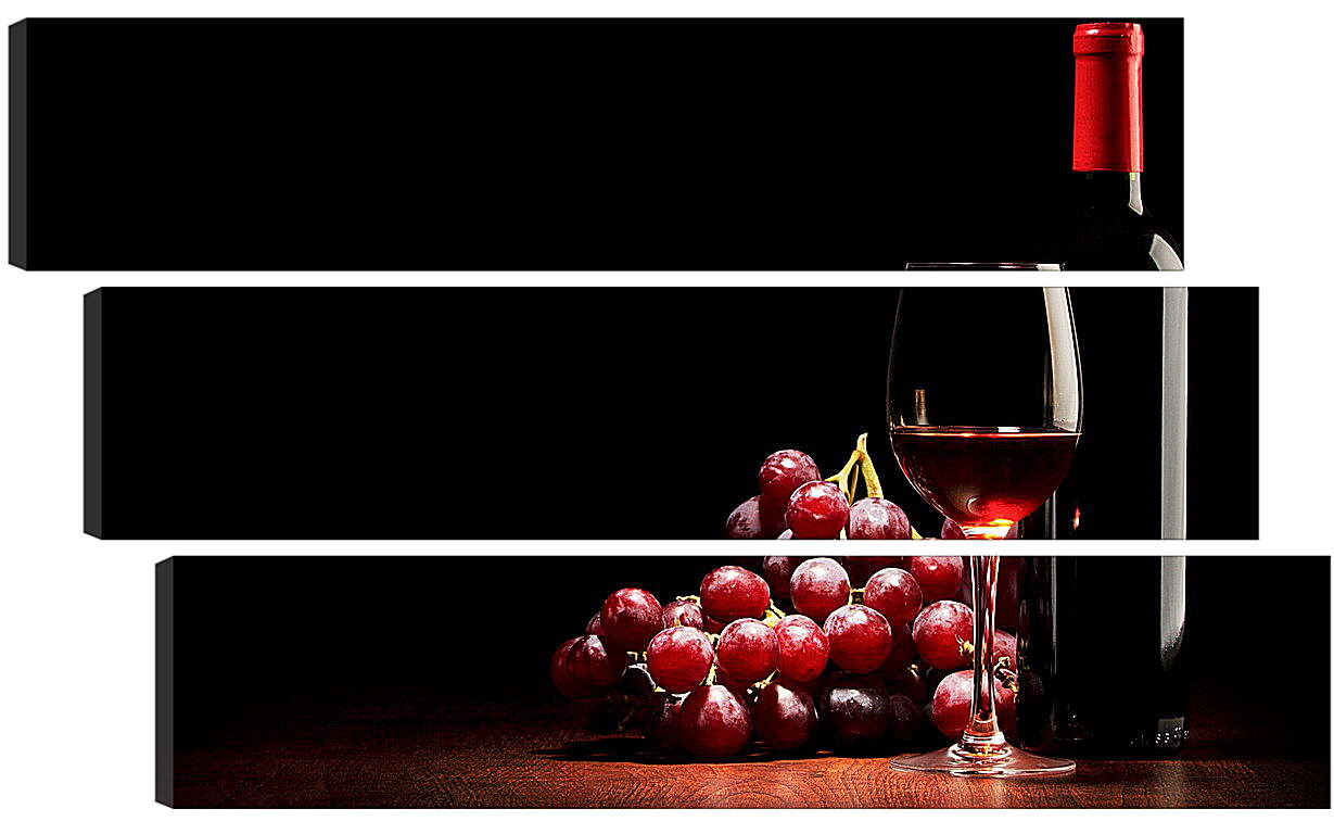 Модульная картина - Гроздь винограда, бутылка и бокал красного вина