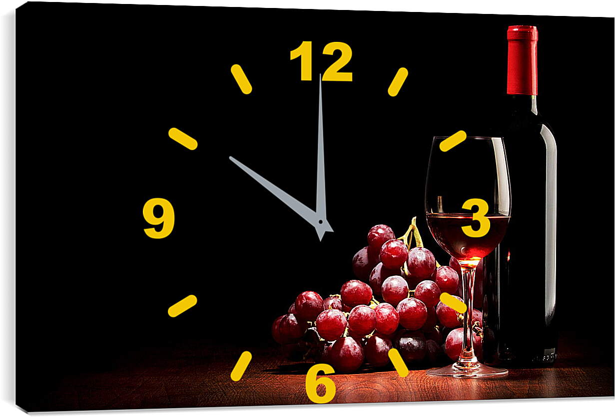 Часы картина - Гроздь винограда, бутылка и бокал красного вина