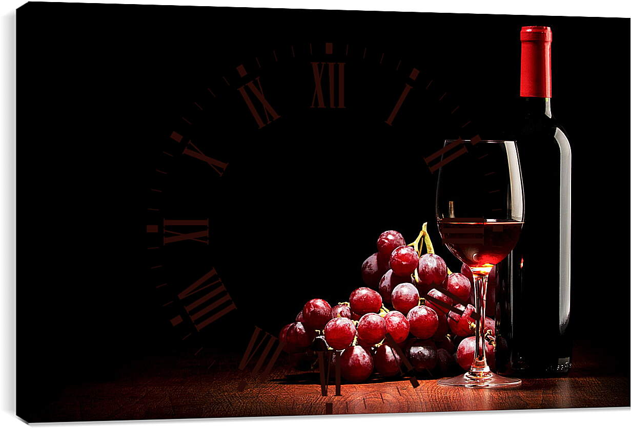 Часы картина - Гроздь винограда, бутылка и бокал красного вина