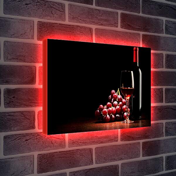 Лайтбокс световая панель - Гроздь винограда, бутылка и бокал красного вина