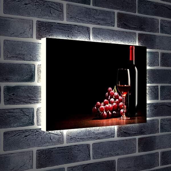 Лайтбокс световая панель - Гроздь винограда, бутылка и бокал красного вина