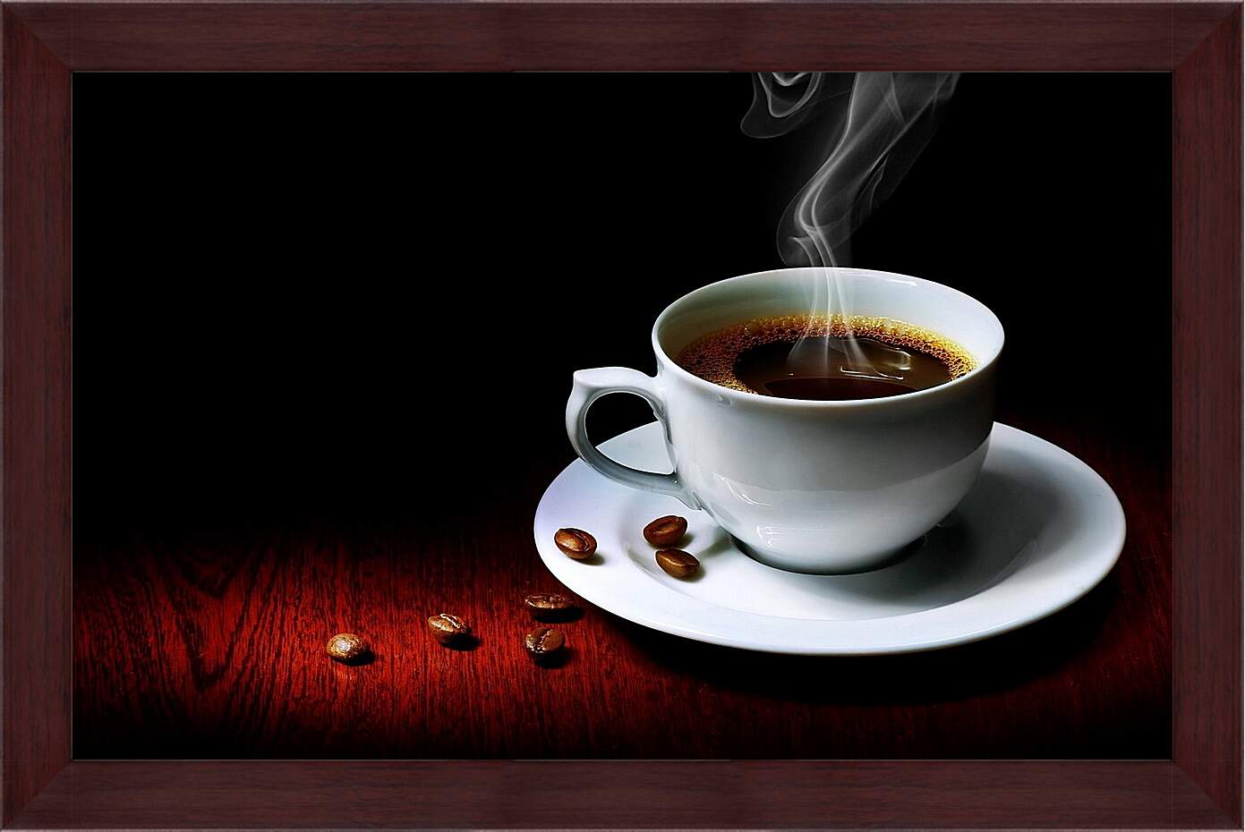 Картина в раме - Зёрна и чашка горячего кофе