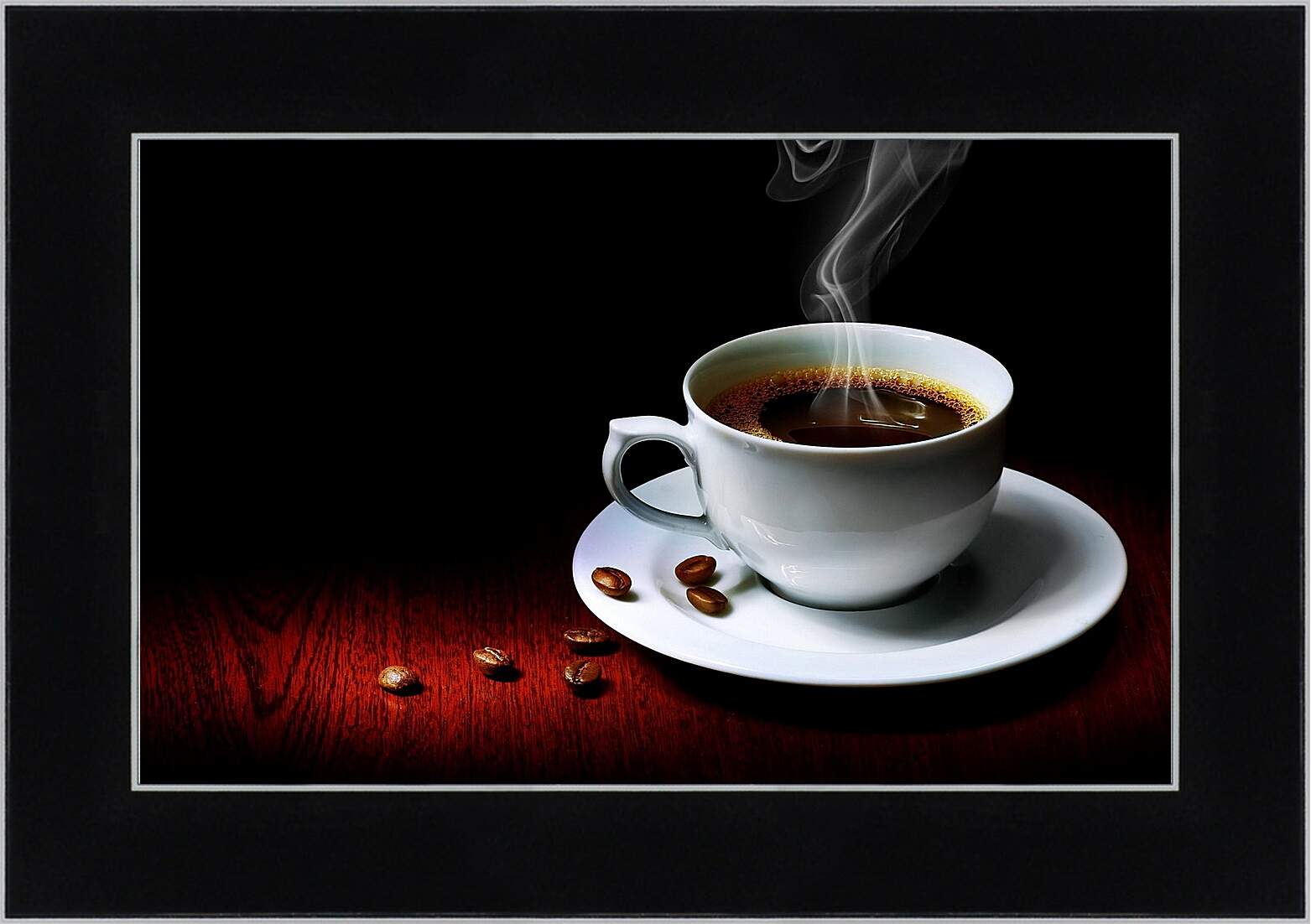 Картина в раме - Зёрна и чашка горячего кофе