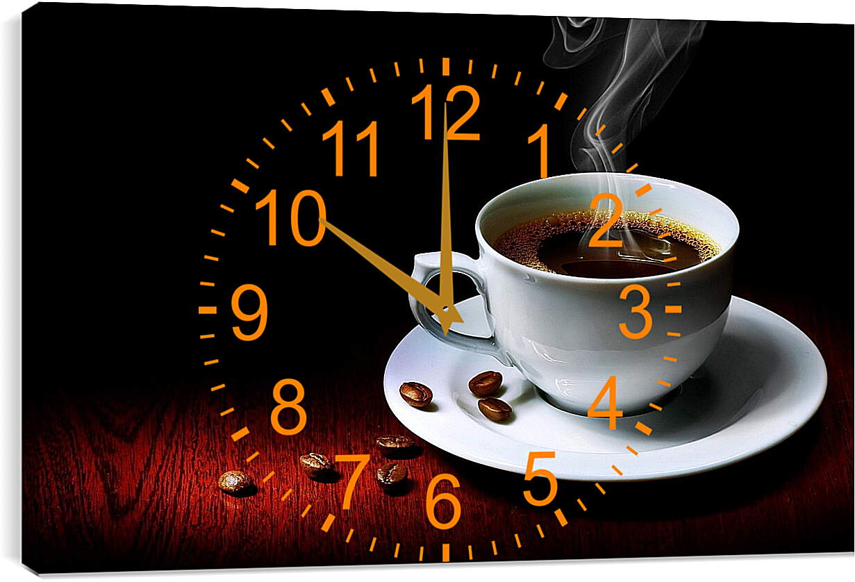 Часы картина - Зёрна и чашка горячего кофе