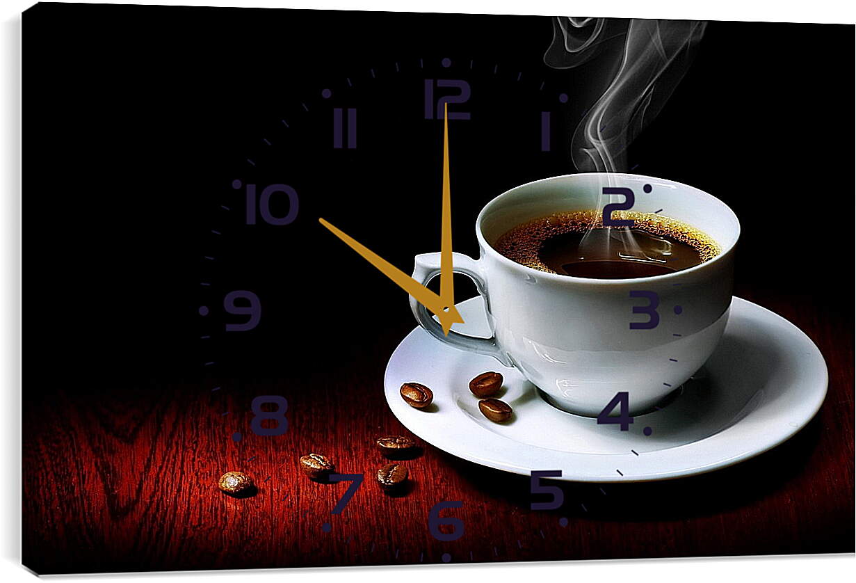 Часы картина - Зёрна и чашка горячего кофе