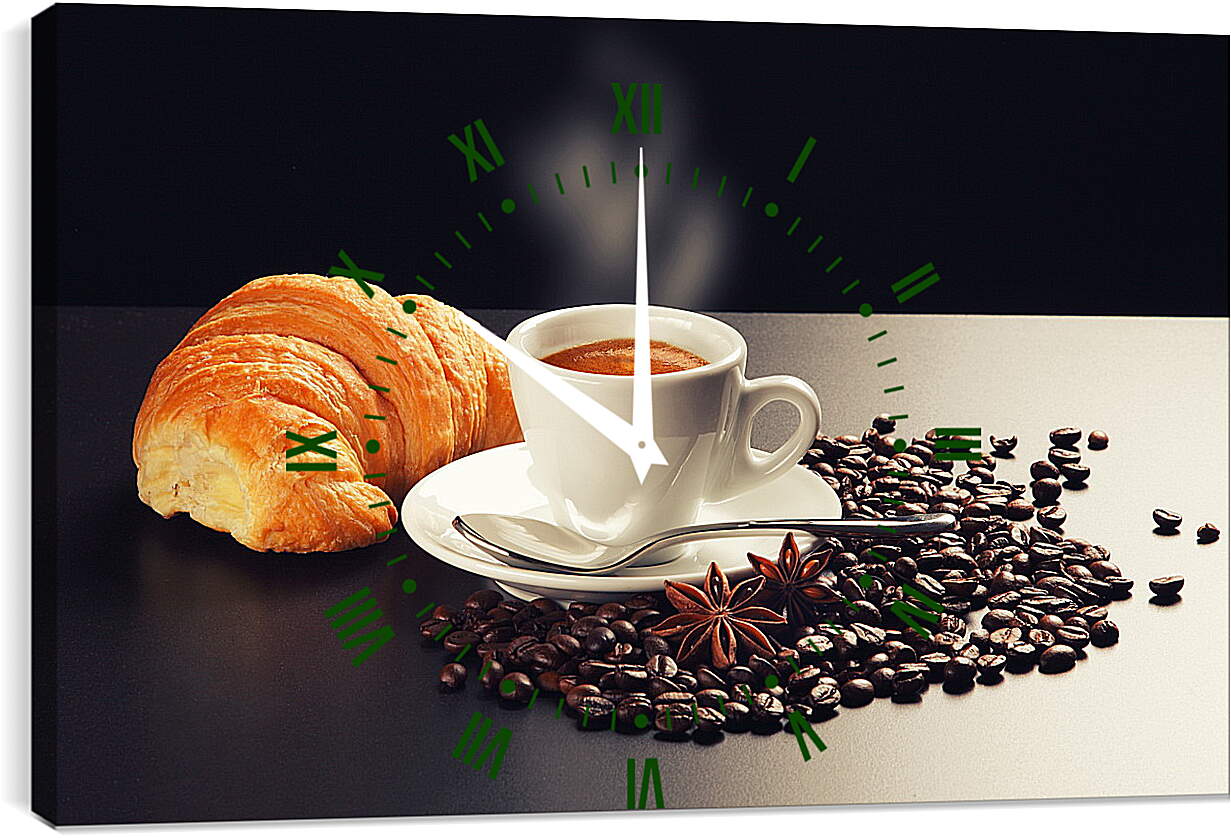 Часы картина - Чашка на блюдце, круассан и зёрна кофе