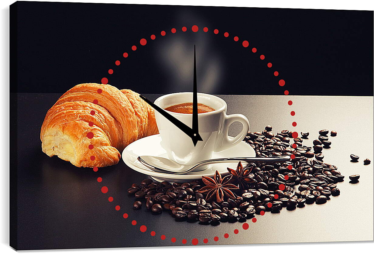 Часы картина - Чашка на блюдце, круассан и зёрна кофе