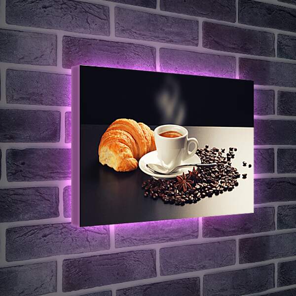 Лайтбокс световая панель - Чашка на блюдце, круассан и зёрна кофе