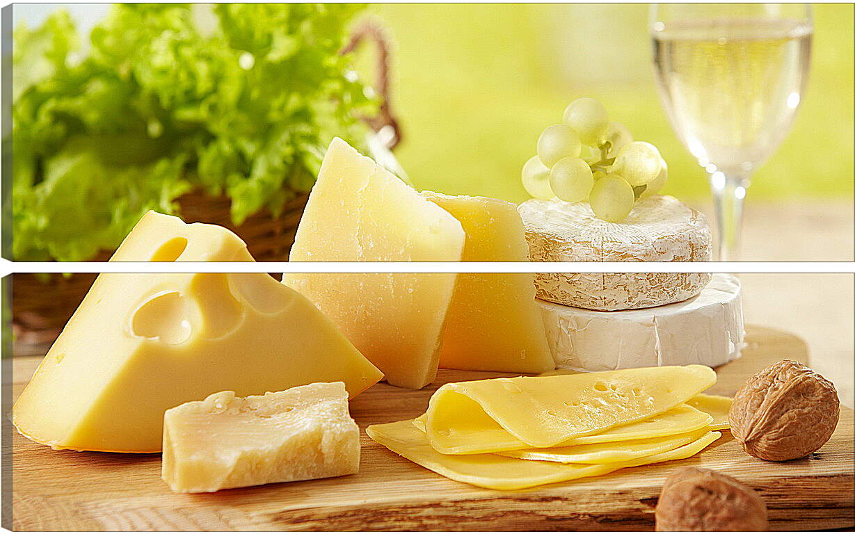 Модульная картина - Сыр, орехи, виноград и бокал вина