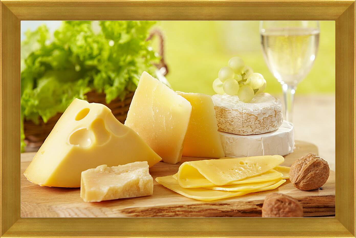 Картина в раме - Сыр, орехи, виноград и бокал вина