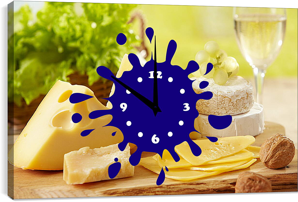 Часы картина - Сыр, орехи, виноград и бокал вина