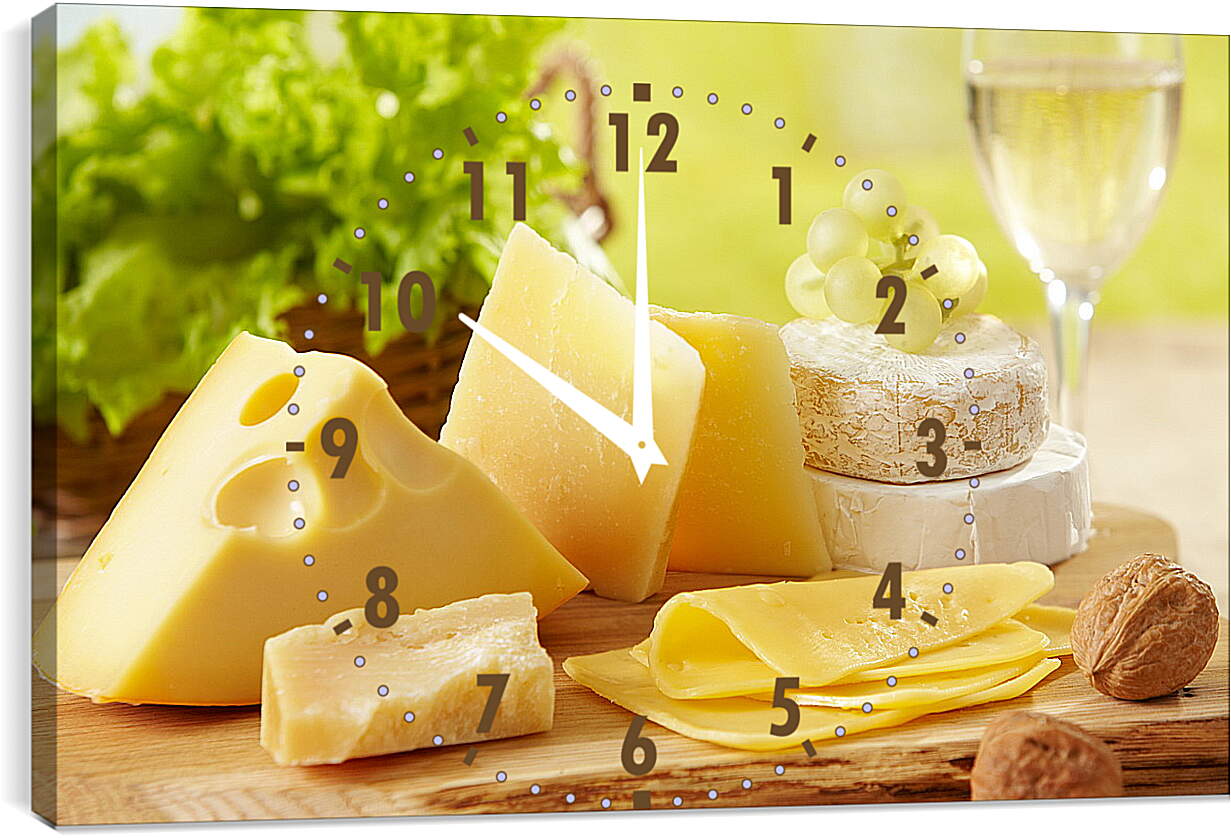 Часы картина - Сыр, орехи, виноград и бокал вина