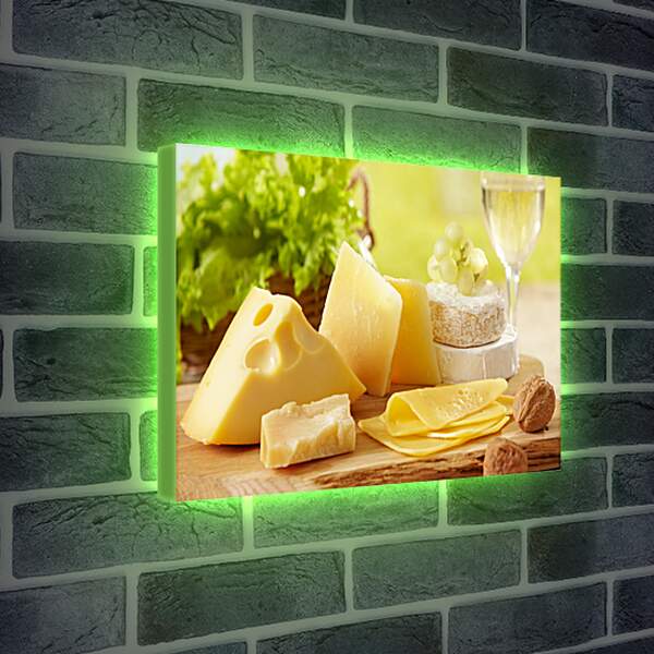Лайтбокс световая панель - Сыр, орехи, виноград и бокал вина