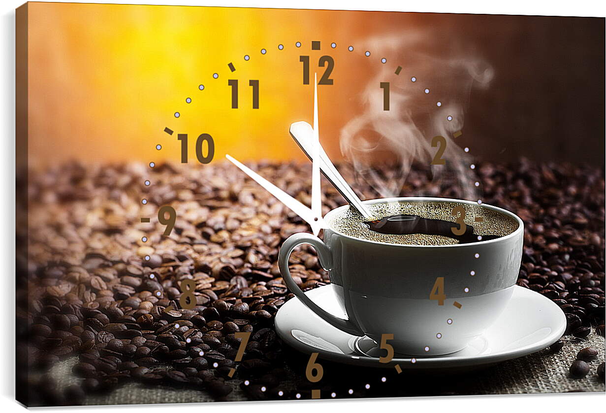Часы картина - Горячая чашка кофе на фоне кофейных зёрен