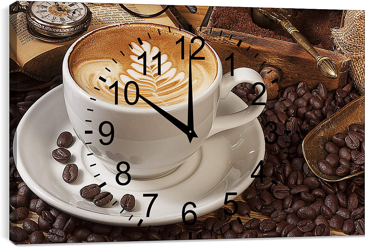 Часы картина - Блюдце с чашкой на кофейных зёрнах