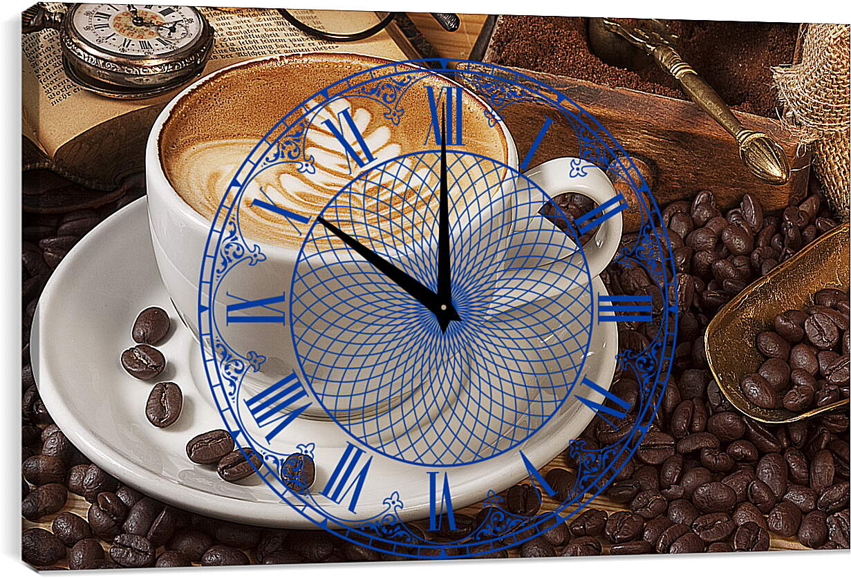 Часы картина - Блюдце с чашкой на кофейных зёрнах