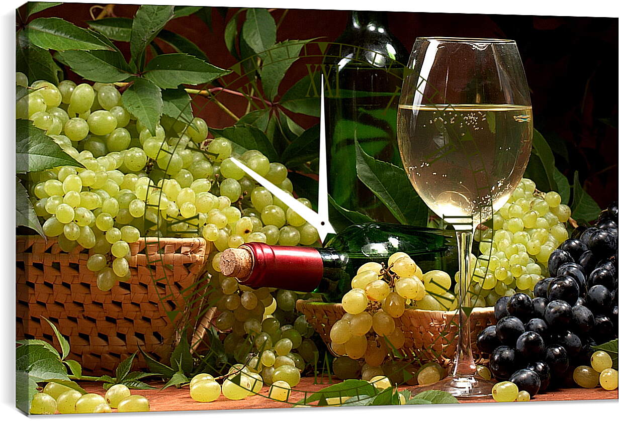 Часы картина - Гроздья винограда и бокал белого вина