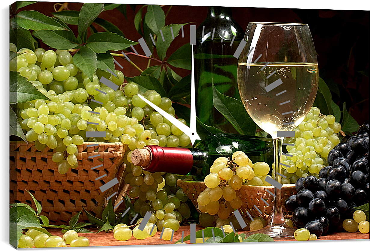 Часы картина - Гроздья винограда и бокал белого вина