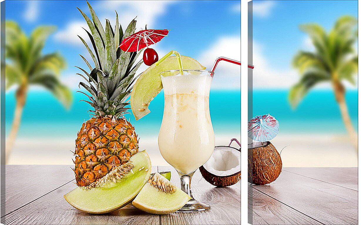 Модульная картина - Ананас, кокос и коктейль