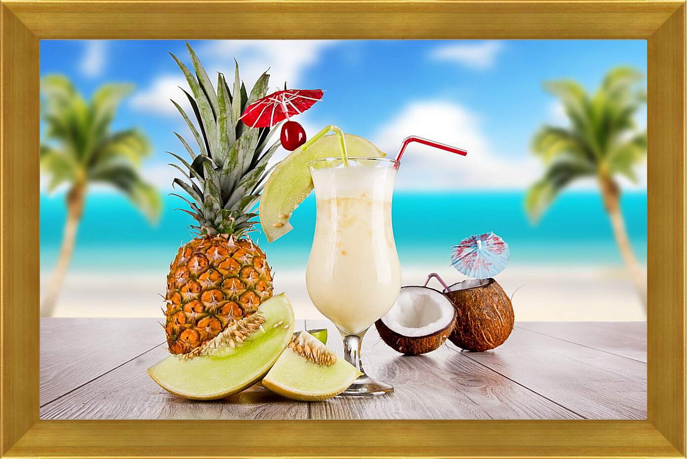 Картина в раме - Ананас, кокос и коктейль