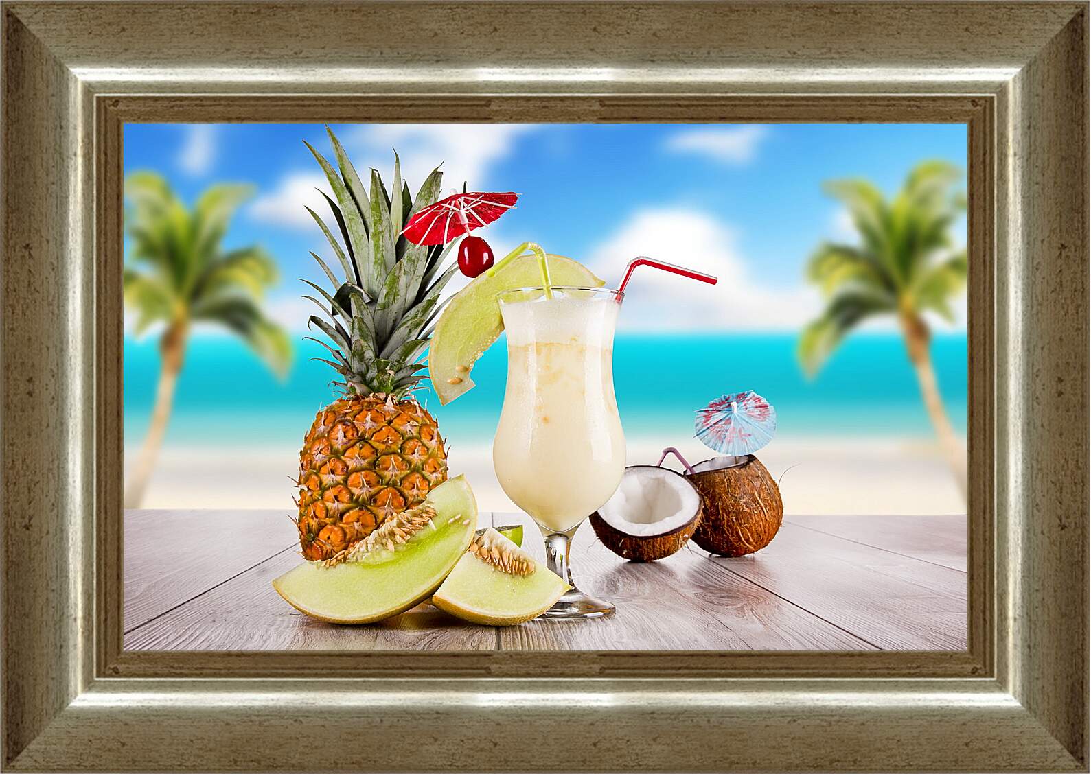 Картина в раме - Ананас, кокос и коктейль
