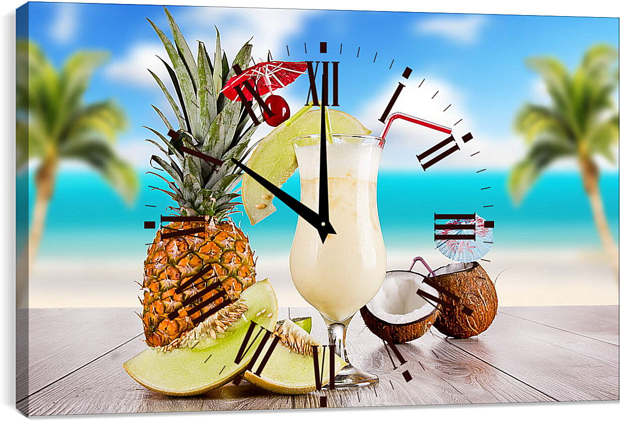 Часы картина - Ананас, кокос и коктейль