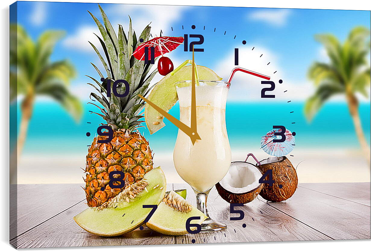Часы картина - Ананас, кокос и коктейль