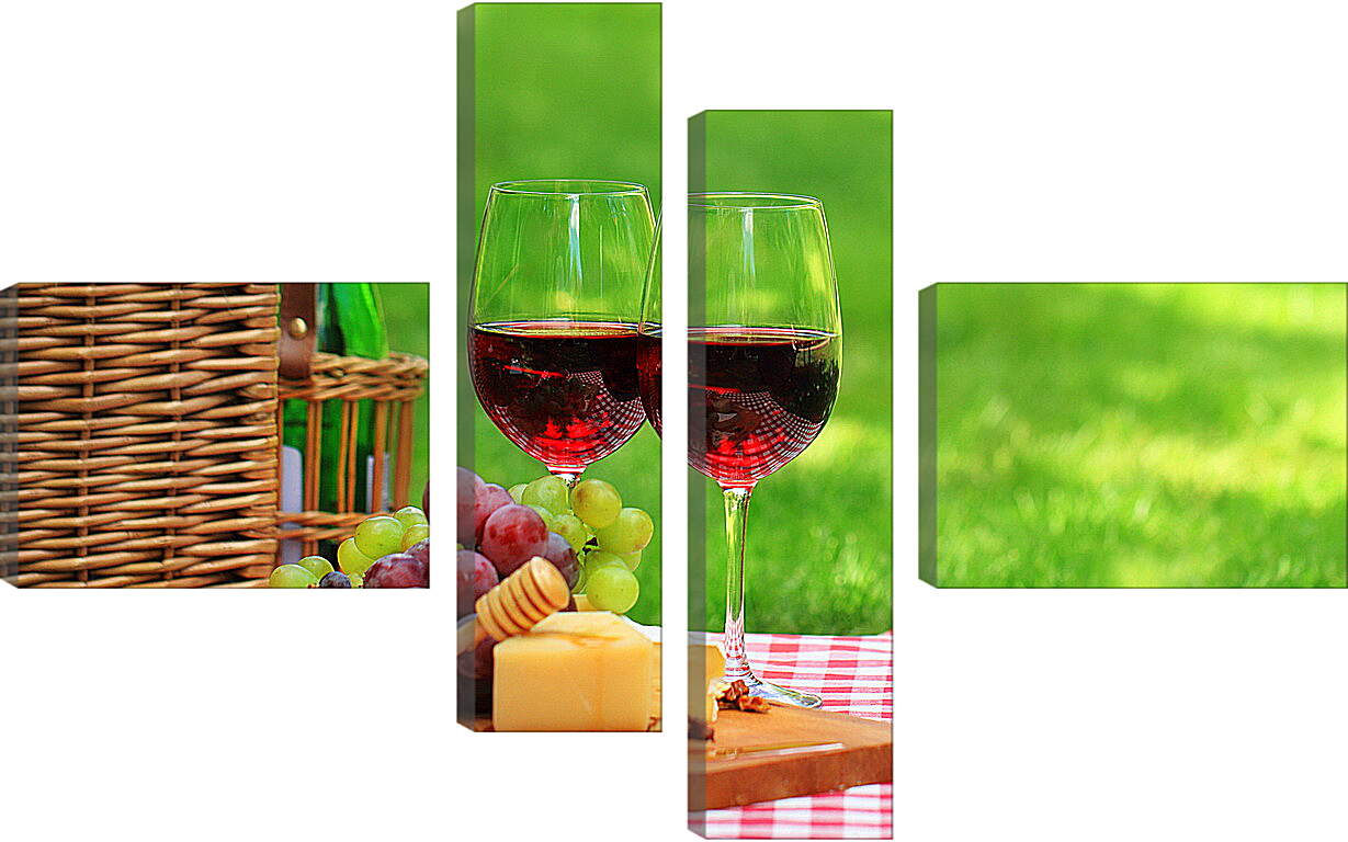 Модульная картина - Гроздья винограда, сыр и два бокала красного вина