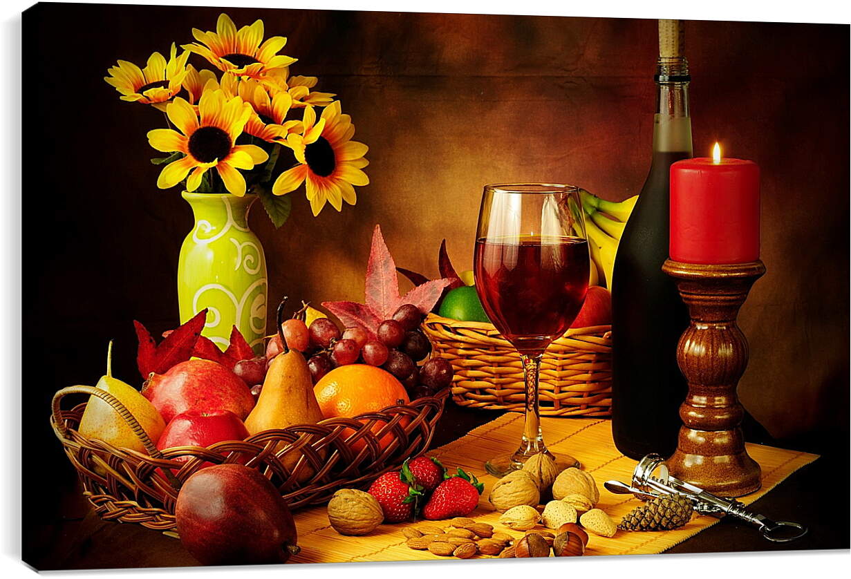 Постер и плакат - Вино, фрукты и орехи