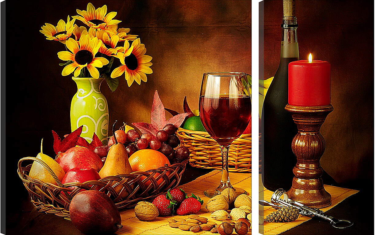 Модульная картина - Вино, фрукты и орехи